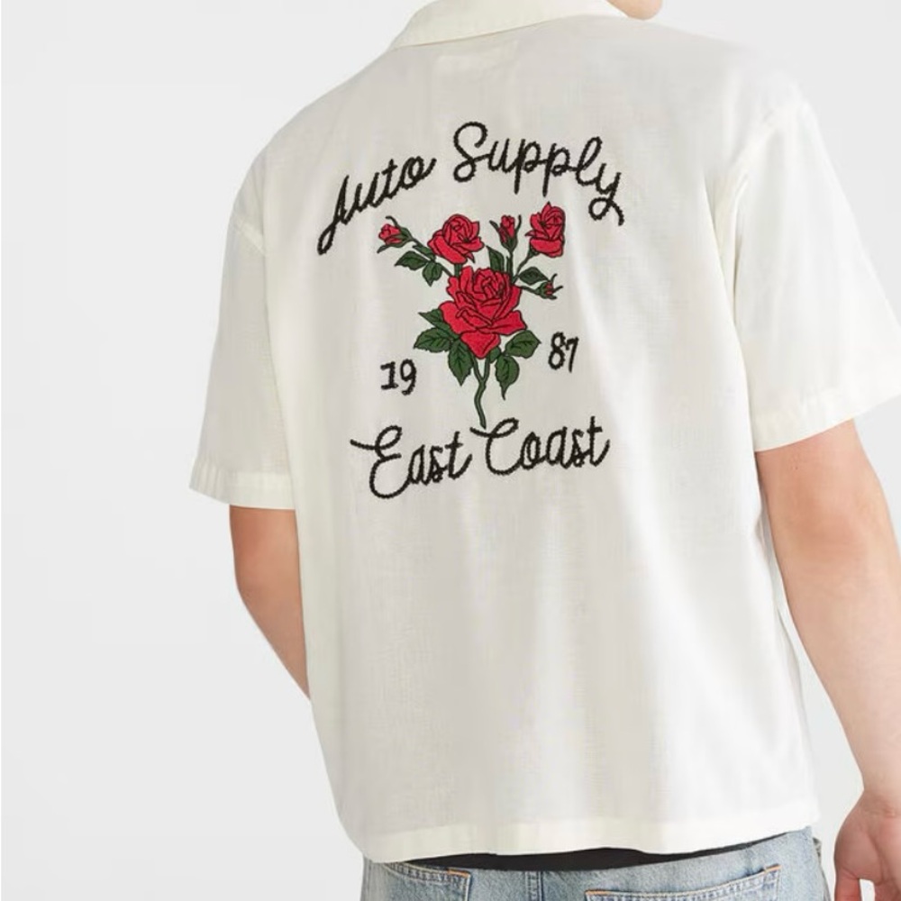 Short Sleeve Roses Auto Supply Boxy Linen Camp Shirt